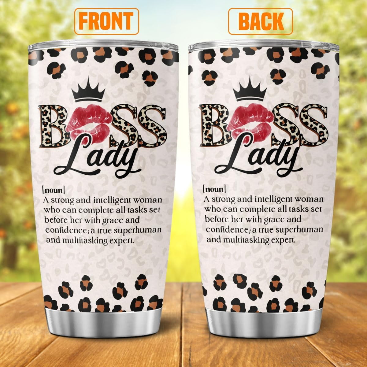 Boss Lady Definition Cup for Women, Leopard Print Lips Crown Design 20oz Stainless Steel Coffee Tumbler, Inspirational Gift for Female Leaders, Coworkers, Friends