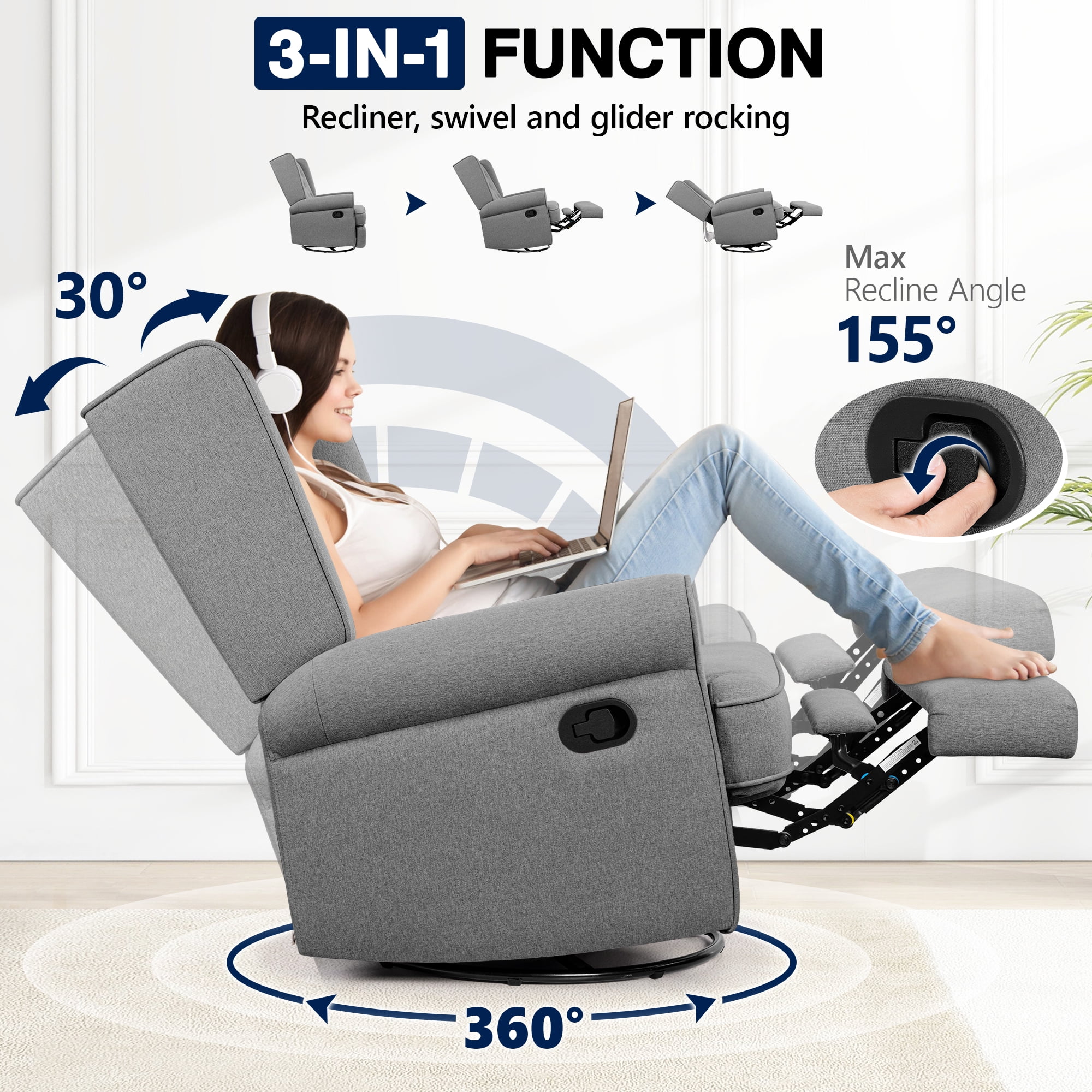 COOLHUT Swivel Rocker Recliner Chair for Adults, Glider Recliner Chairs with Comfy Linen Fabric, Wing Back Accent Chair with Lumbar Support & Overstuffed Arms for Living Room & Home Teatre, Gray