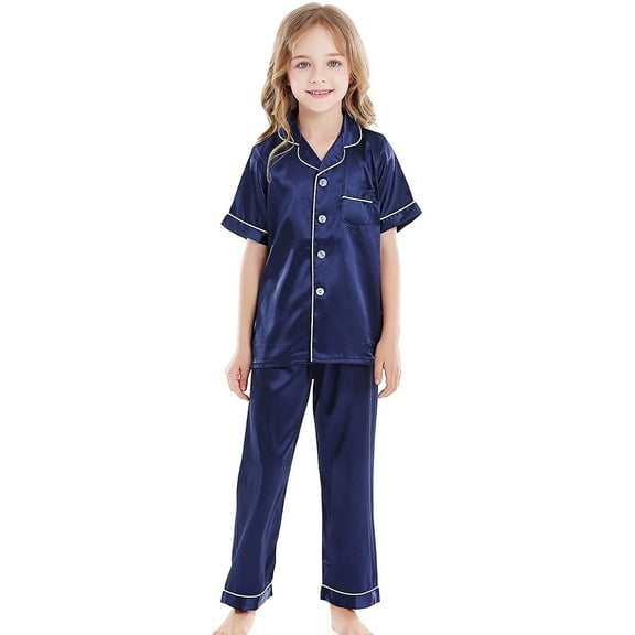 Ruyang 2Pcs Kids Satin Solid Color Pajamas Sets Unisex Short Sleeve Button Down Pants Silky Nightwear Loungewear Set