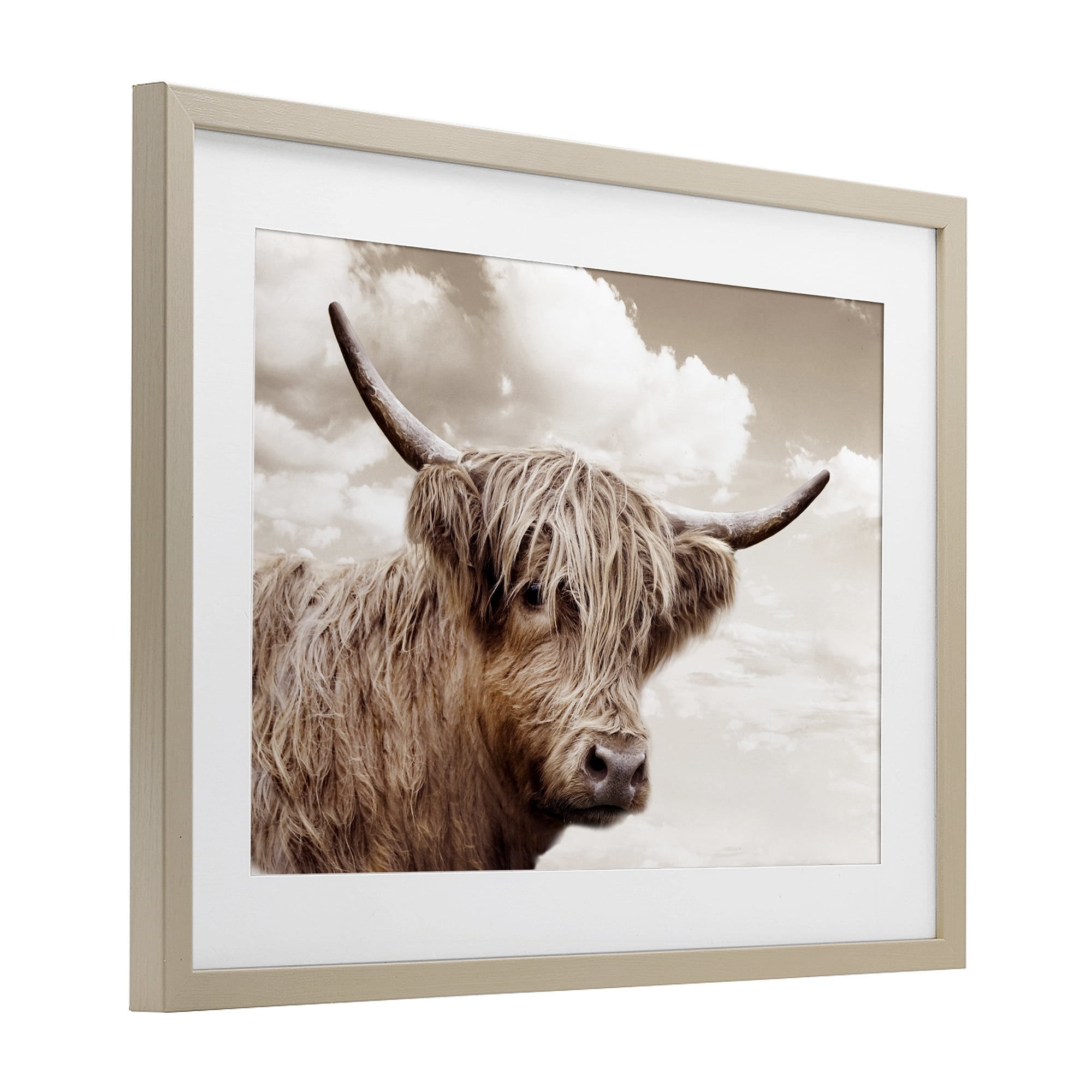 Stupell Industries Shaggy Highland Cow & Clouds Birch Framed Print Under Glass, design by CAD Designs