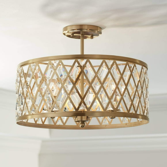 Possini Euro Design Tanz Luminaire de Plafond Moderne Semi-Encastré 16 1/2 Pouces Grand Laiton Satiné Cadre en Cristal Clair à 3 Lumières pour Chambre Cuisine Salon Couloir Salle de Bain Maison