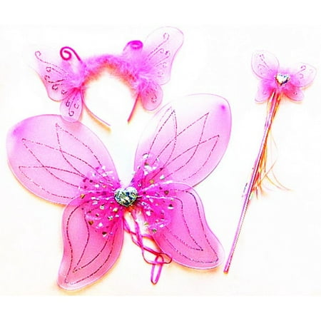 Kids Heart Sparkle Butterfly Wings with Antenna and Wand - Pink