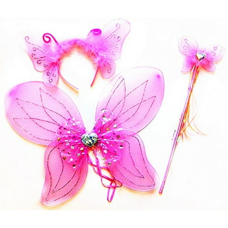 Kids Heart Sparkle Butterfly Wings with Antenna and Wand - Pink ...