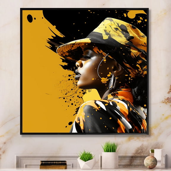Designart "African American Woman in Yellow and Black Heritage" People Framed Wall Art - International Yellow African American Art Hallway Framed Wall Art Decor