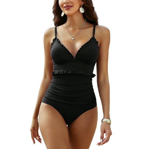 Womens Ribbed V Neck One Piece Bath Suit Tummy Control Monkini Swimwear Spaghetti Straps Swimsuit