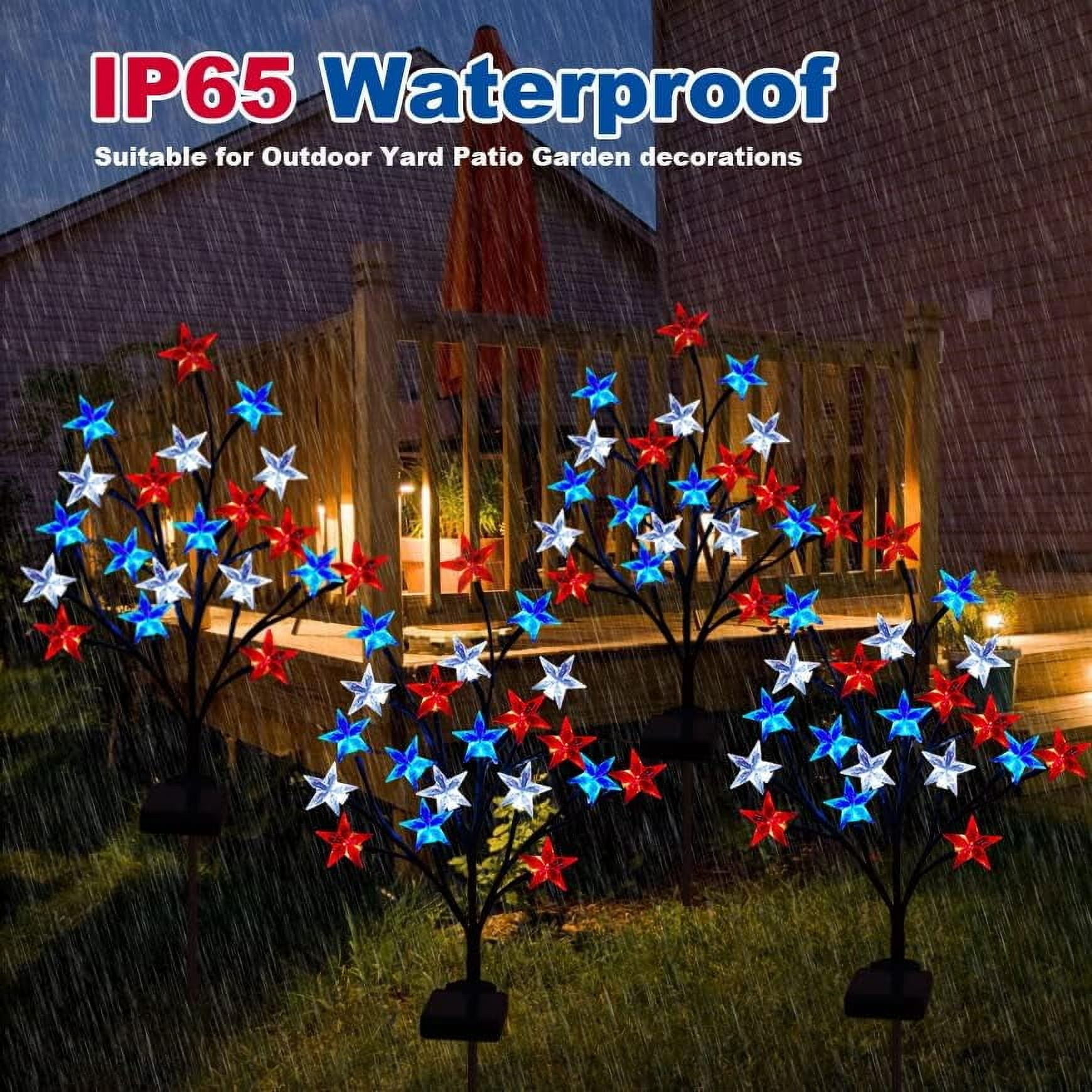 4 Pack 4th of July Decorations Solar Patriotic Star Lights, Solar Red White Blue Star Floral Pathway Lights, Waterproof Outdoor Patriotic Decorations Lights for Memorial Day Garden Yard