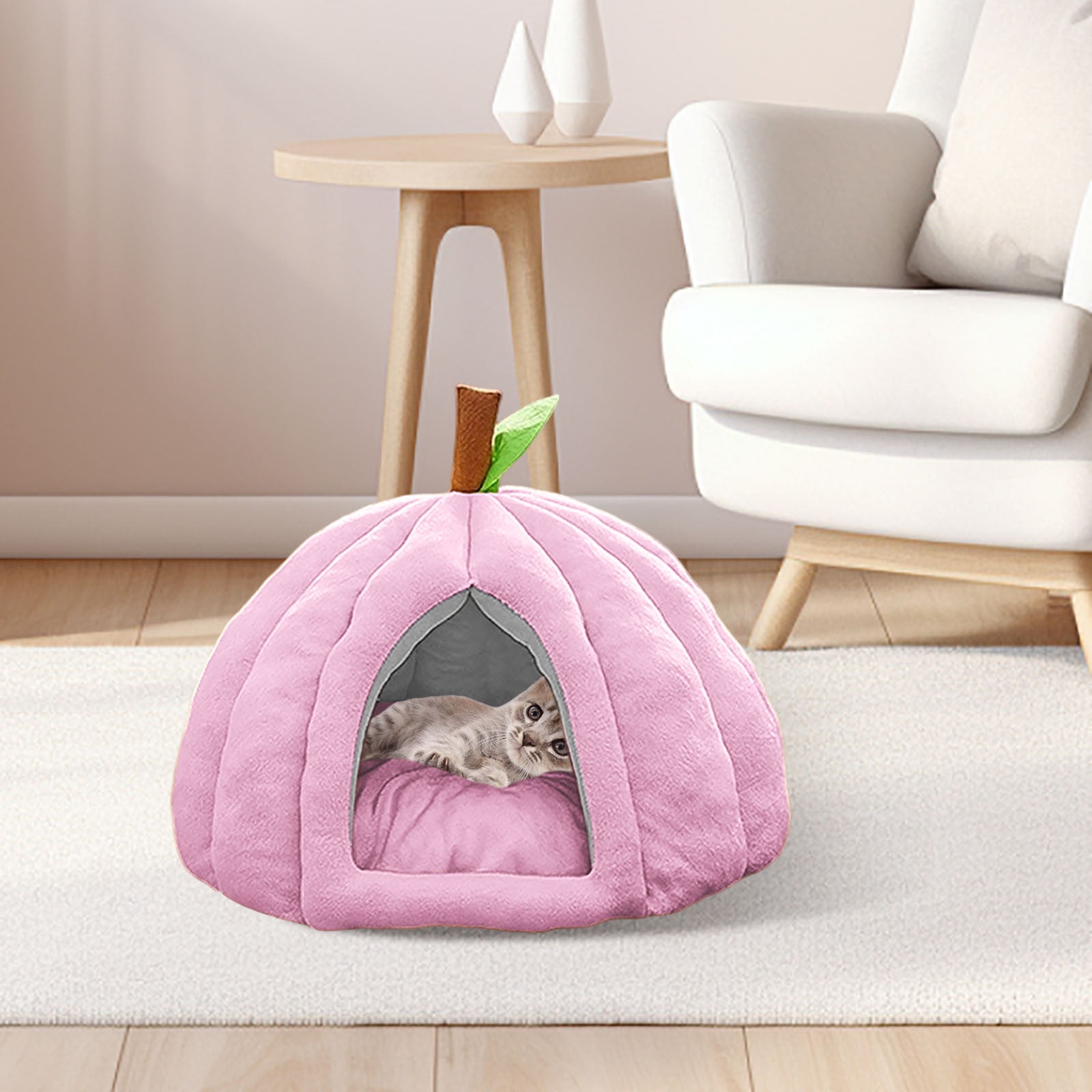 Cozy Pumpkin Cat Cave Bed with Removable Cushion - Warm Enclosed Indoor Cat House for Kittens and Small Dogs, Cute Seasonal Hideaway Sleep Tent Pet Bed