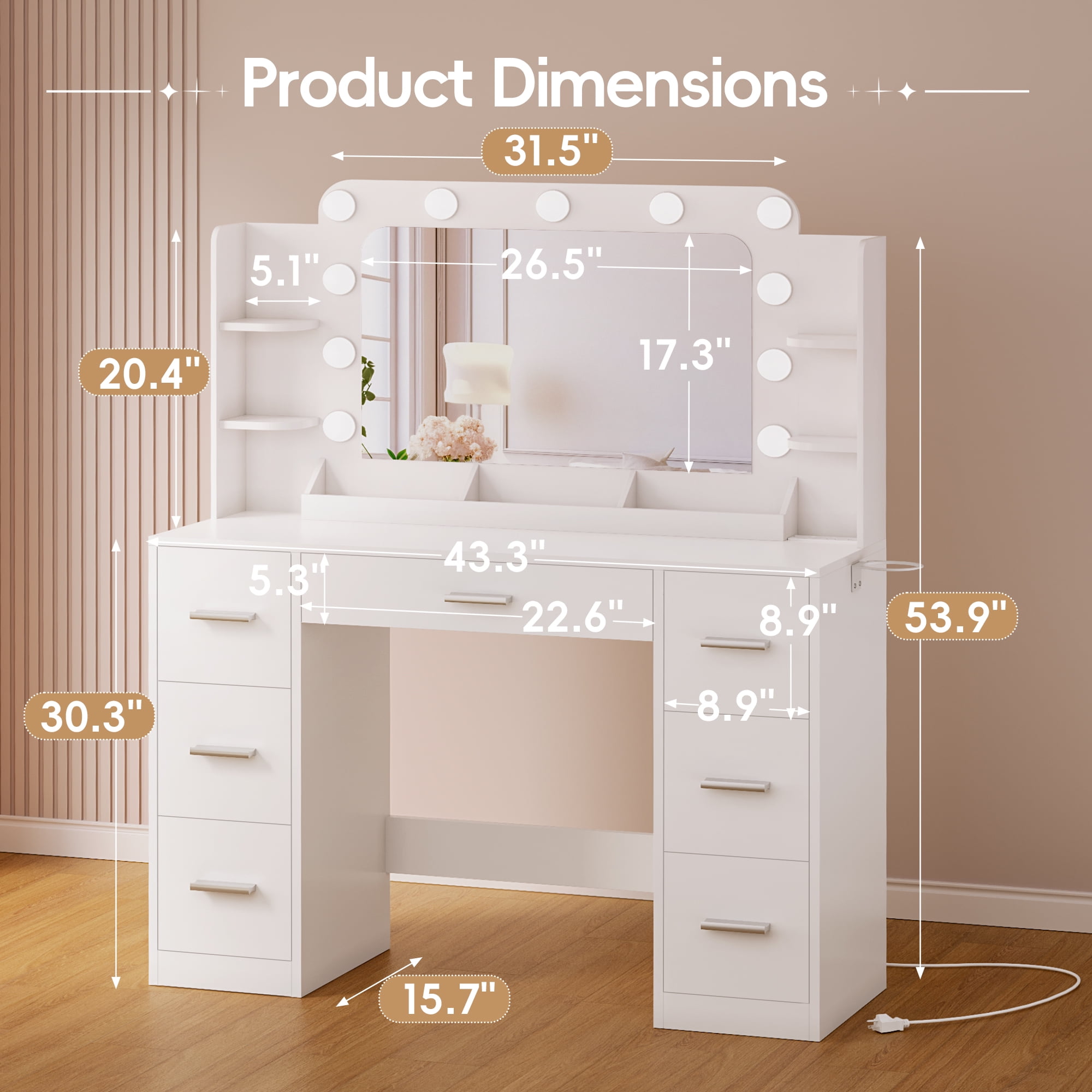Furmax Vanity Set with Large Mirror & Adjustable Lights, Makeup Vanity Table with 7 Drawers & Open Shelves Vanity Desk for Bedroom, White