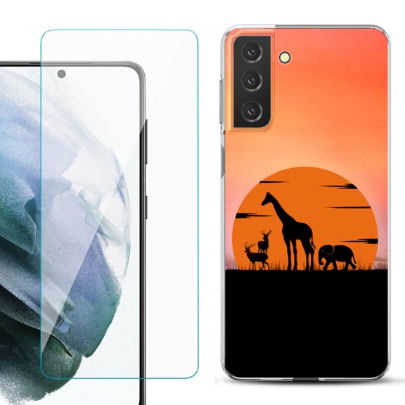 Slim-Fit TPU Fashion Phone Case for Samsung Galaxy S21 FE 5G Fan Edition, with Tempered Glass Screen Protector, by OneToughShield ® - Sunset Safari