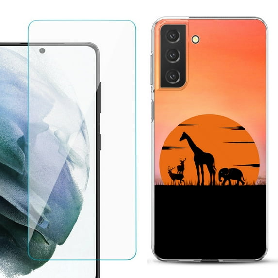 Slim-Fit TPU Fashion Phone Case for Samsung Galaxy S21 FE 5G Fan Edition, with Tempered Glass Screen Protector, by OneToughShield ® - Sunset Safari