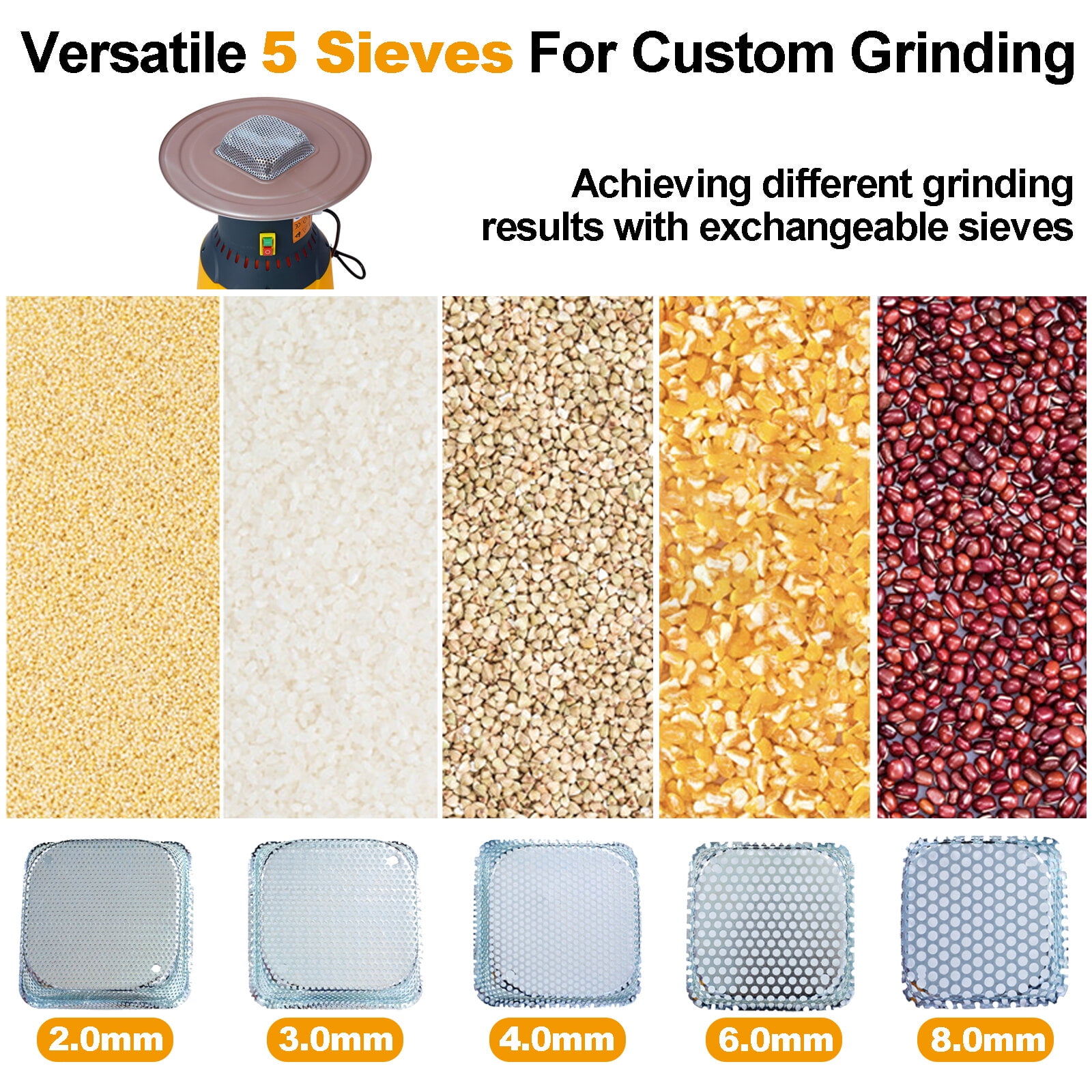 , 25L Grain Mill Grinder Electric Corn Grinder, Grain mills Mill Flour Mills Molino de Maiz, Farm Home Electric Grinder for Corn Grain Feed, Wheat Grinder with 5 Grinder Sieves+1Wrench, Dark Gray ,