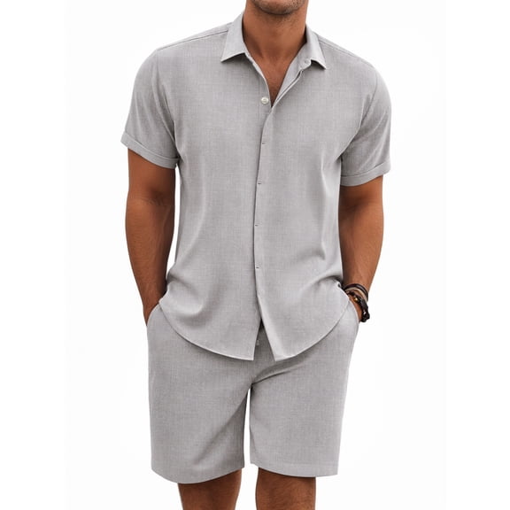 RICHCOIN Mens 2 Piece Outfit Summer Beach Short Sleeve Button Down Shirts and Shorts Vacation Sets for Men