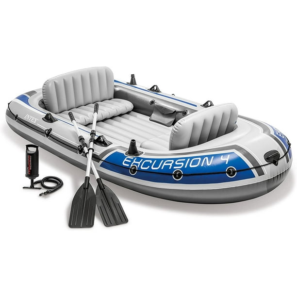 Intex Excursion 4 Person Inflatable Rafting and Fishing Boat Set with 2  Oars 