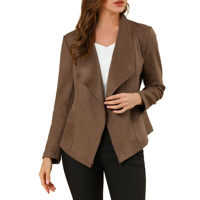 INSPIRE CHIC Blazer à Col Drapé en Faux Suède pour Femme, Manches Longues, Ouvert à l'Avant, m Brun Clair