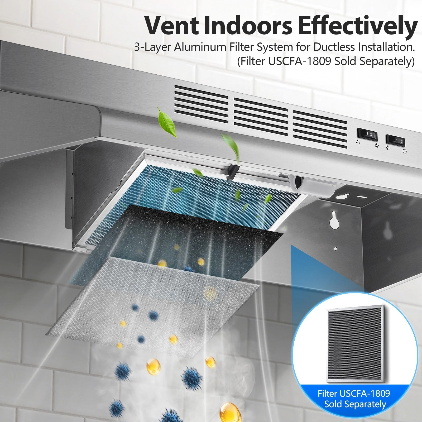 30 inch Range Hood Under Cabinet Stainless Steel Kitchen Hood Cooker Hood 400CFM Ducted/Ductless Vent LED Vent Hood with Rocker Button Control Stove Hood with 2 Speeds Fan for Kitchen
