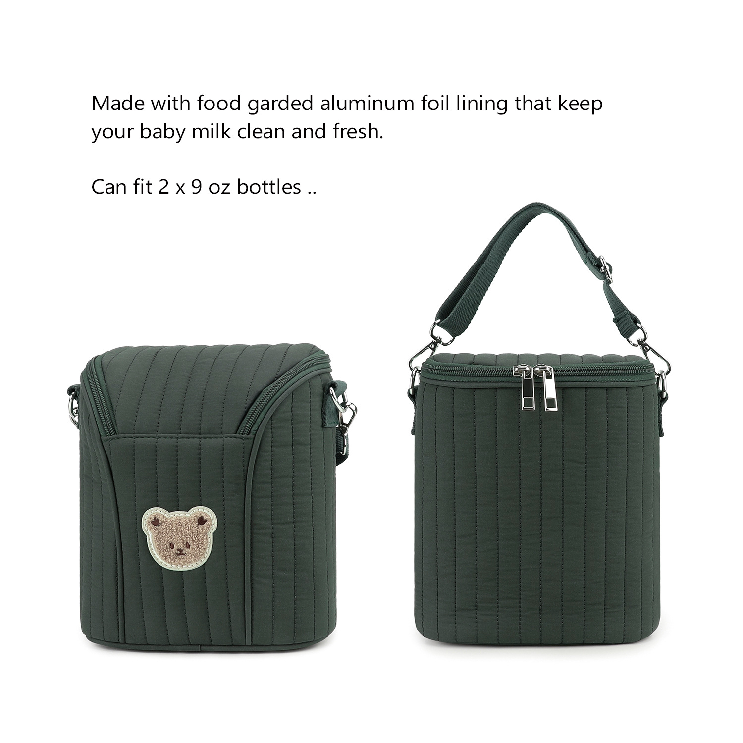 Baby Bottle Insulated Bag, Portable Breastmilk Cooler Bag with Aluminum Foil Liner, Fits 2×9 oz Bottles, Stroller-Attachable Canvas Milk Storage Bag with With detachable carrying handle for Mom Baby