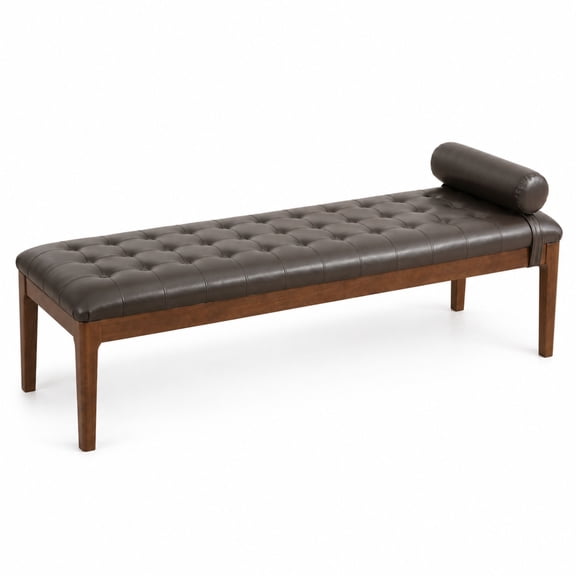 GOMYHOME 66" Upholstered Bedroom Bench, Tufted Faux Leather, Coffee