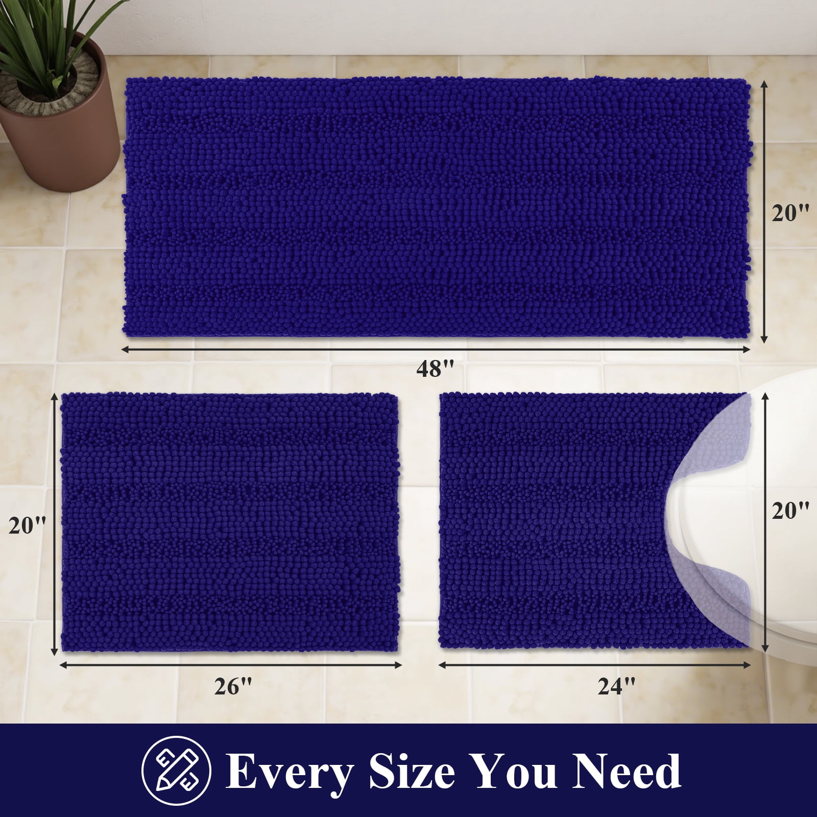 Ileading Ultra Soft Bathroom Rug Set 3 Pieces, Non Slip Thick Chenille Striped Bath Mat, Absorbent Plush Shaggy Bath Rugs for Bathroom, Blue