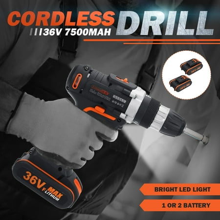 36V Cordless 15+1 Torque Rechargeable Electric Cordless Drill Impact Wrench LED Light 2 Speed 10MM Keyless Chuck  with 2Pcs/1Pc Lithium