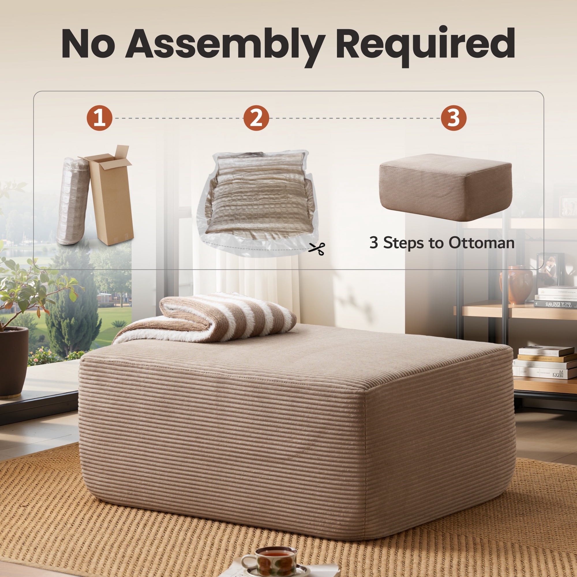 Ovios Oversized Ottoman Footrest for Sofa Large Corduroy Pouf Ottoman Coffee Table Rectangle Floor Bench Extra Seating for Living Room, No Assembly, Camel