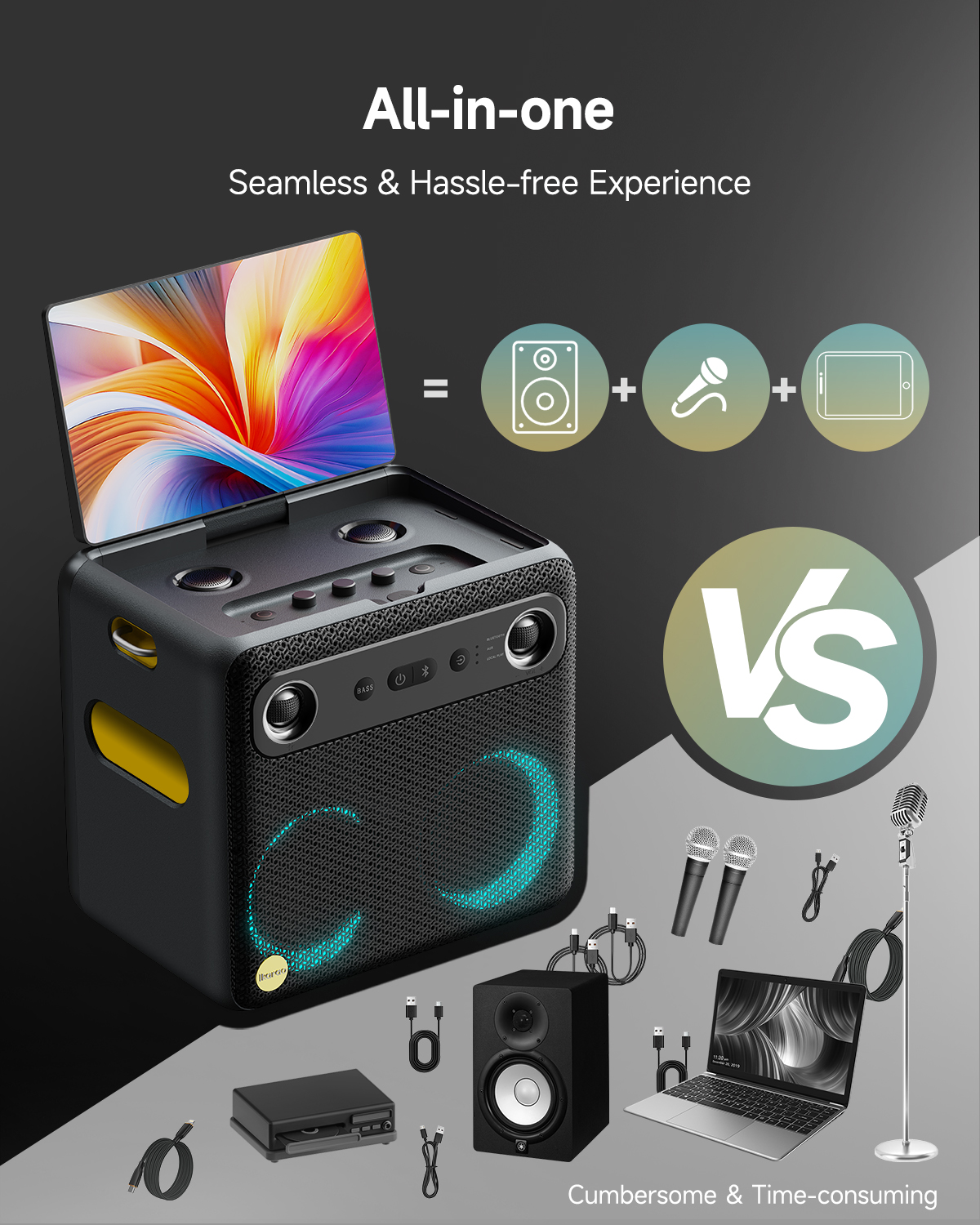 Ikarao Smart Karaoke Machine for Adults with Screen Lyrics Display, 2 Wireless Mics, Portable Bluetooth Speaker for Music Party