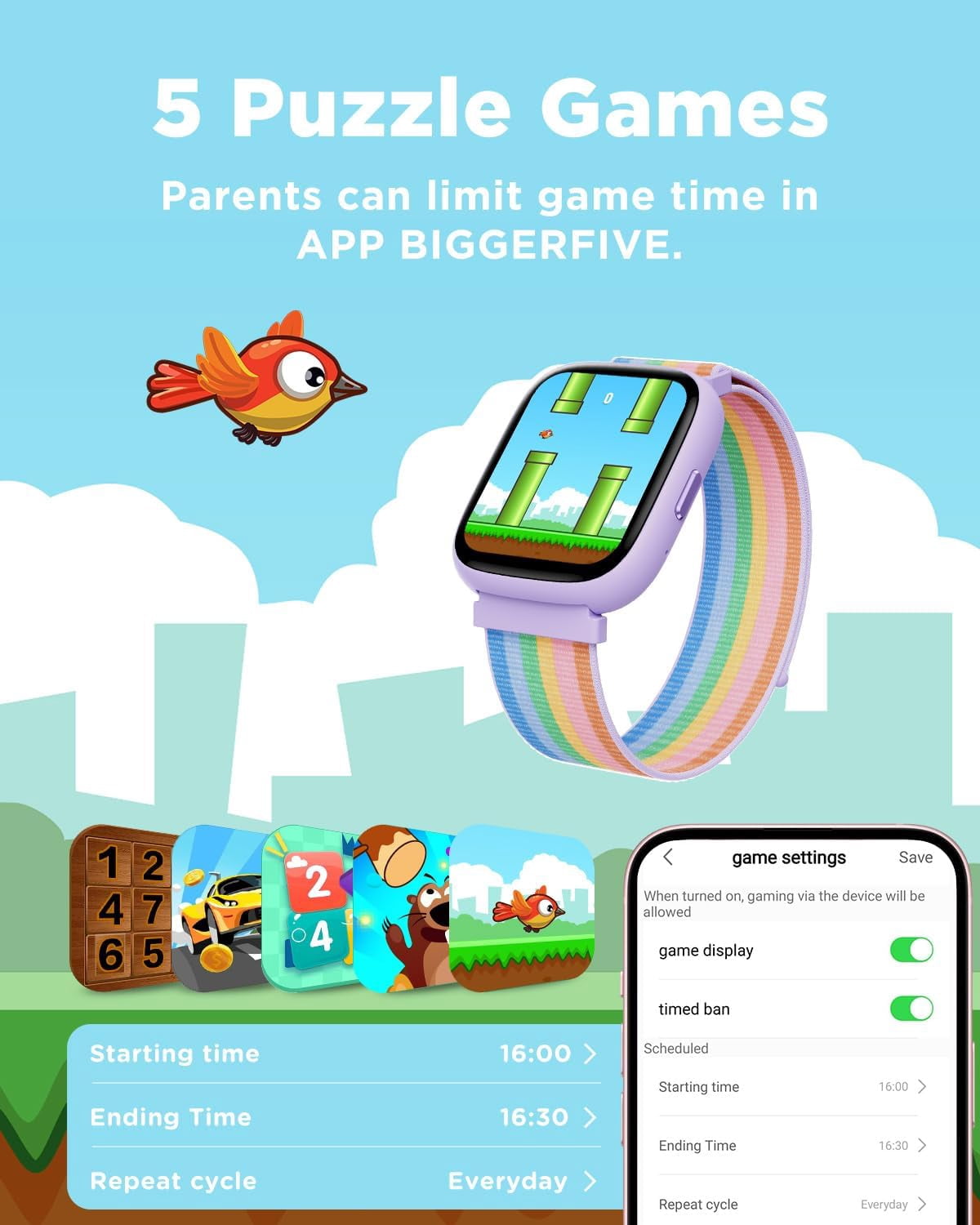 BIGGERFIVE Smart Watch for Kids, 1.8" Fitness Tracker Watch Pedometer, Sleep Monitor, IP68 Waterproof, Calorie Step Counter, Puzzle Game with/Without APP for Girls Teens 5-16,