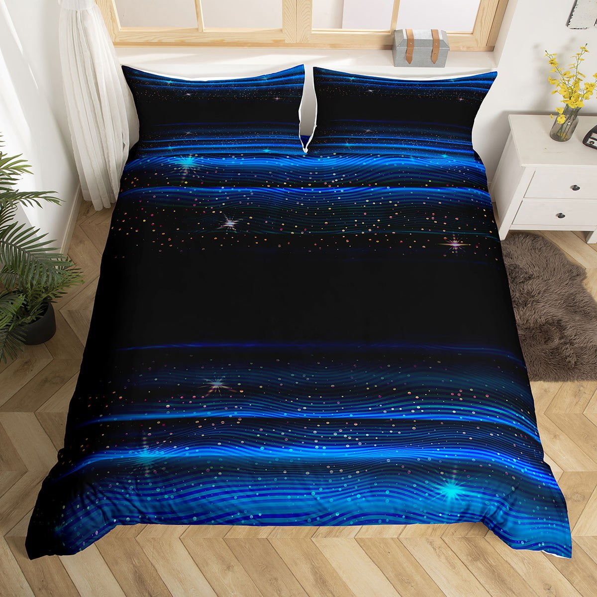 Blue Black Ombre Bedding Set, Stripes Lines Gradient Duvet Cover Queen