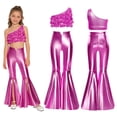 thumbnail image 2 of iiniim Metallic Sequins Jazz Dance Outfits for Girls 2pcs Ruffle Crop Top with Slit Flared Pants Prom Party Wear Hot Pink 8, 2 of 7