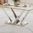 thumbnail image 6 of 5-Piece Dining Table Set, 63" Rectangular Clear Tempered Glass Table with Unique Stainless Steel Base, 4 Velvet Upholstered Chairs, Dining Table Set for Kitchen, Office, 6 of 9
