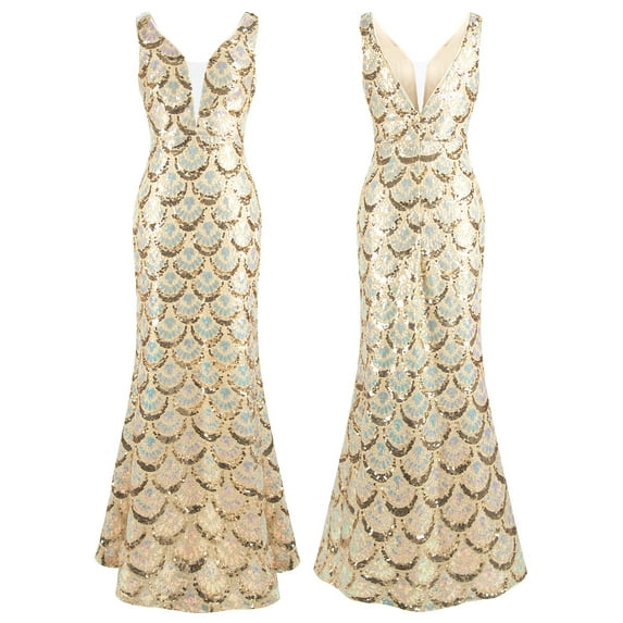 Angel-fashions Women's Gradient Yellow Sequin Wedding Dress Women's Plunging Neck Long Mermaid Homecoming Evening Party Gown Stretchy 994YW