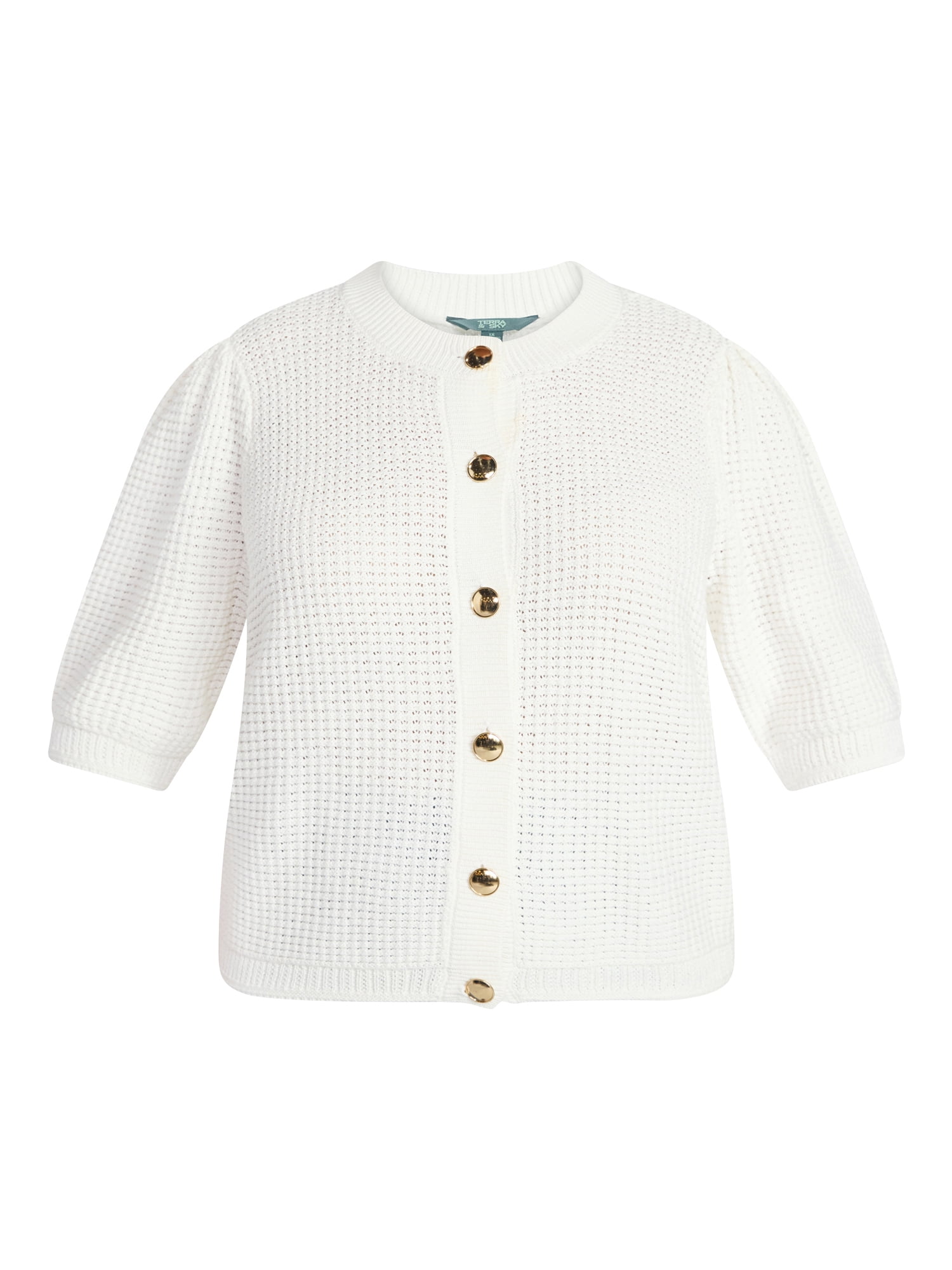 Terra & Sky Women's Plus Size Textured Crewneck Cardigan with Short Sleeves, Midweight, Size 0X-5X