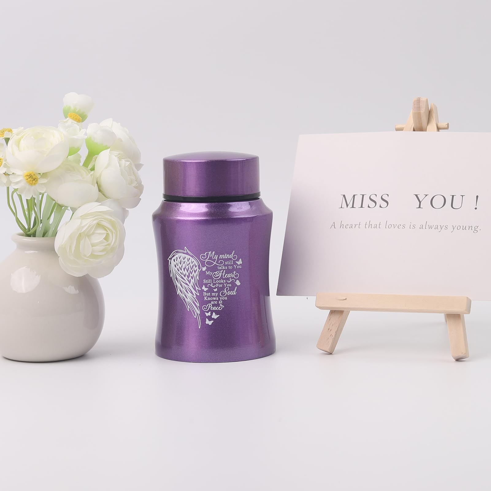 4.5 Inches Small Urn for Human Ashes Small Keepsake Urn Heart Wing Pattern Memorial Ashes Container Stainless Steel Mini Cremation Urn Ashes Urn-Purple