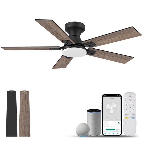 42” Smart Wood Flush Mount Ceiling Fans with Lights Remote,Quiet DC Motor,Outdoor Indoor Low Profile Ceiling Fan,Voice WIFI Alexa App Control,Dimmable,6-speed,for Modern Bedroom Patio