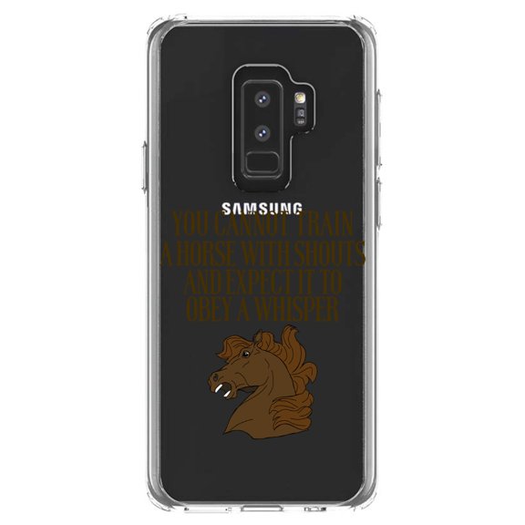 DistinctInk Clear Shockproof Hybrid Case for Samsung Galaxy S9  PLUS (6.2" Screen) - TPU Bumper Acrylic Back Tempered Glass Screen Protector - Can't Train Horse with Shouts & Expect Whisper