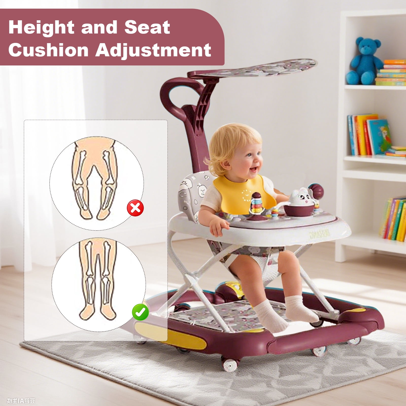 ManyFun baby Walker, 6-in-1 Multi-functional Foldable Push Walker, 6-24 Months, Red
