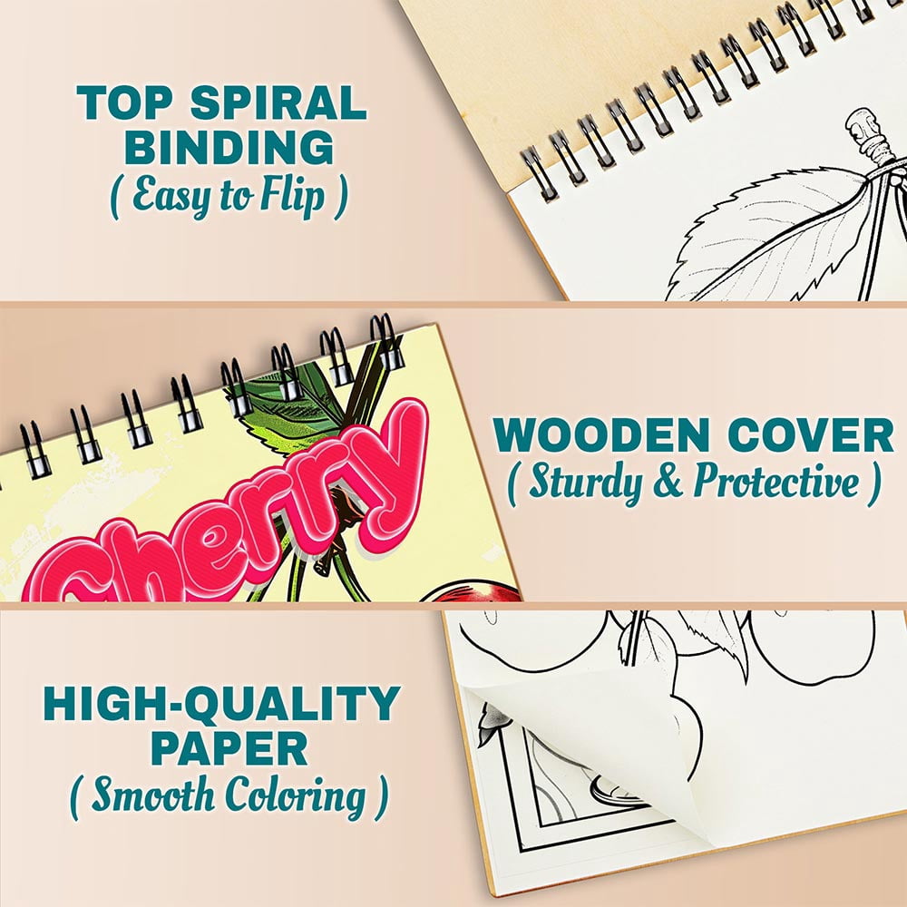 Netecom Cherry Coloring Book for Adults, A5 Wooden Cover, 30 Sweet and Juicy Pages of Cherry Coloring Pages for Stress Relief and Relaxation, Spiral Bound Edition