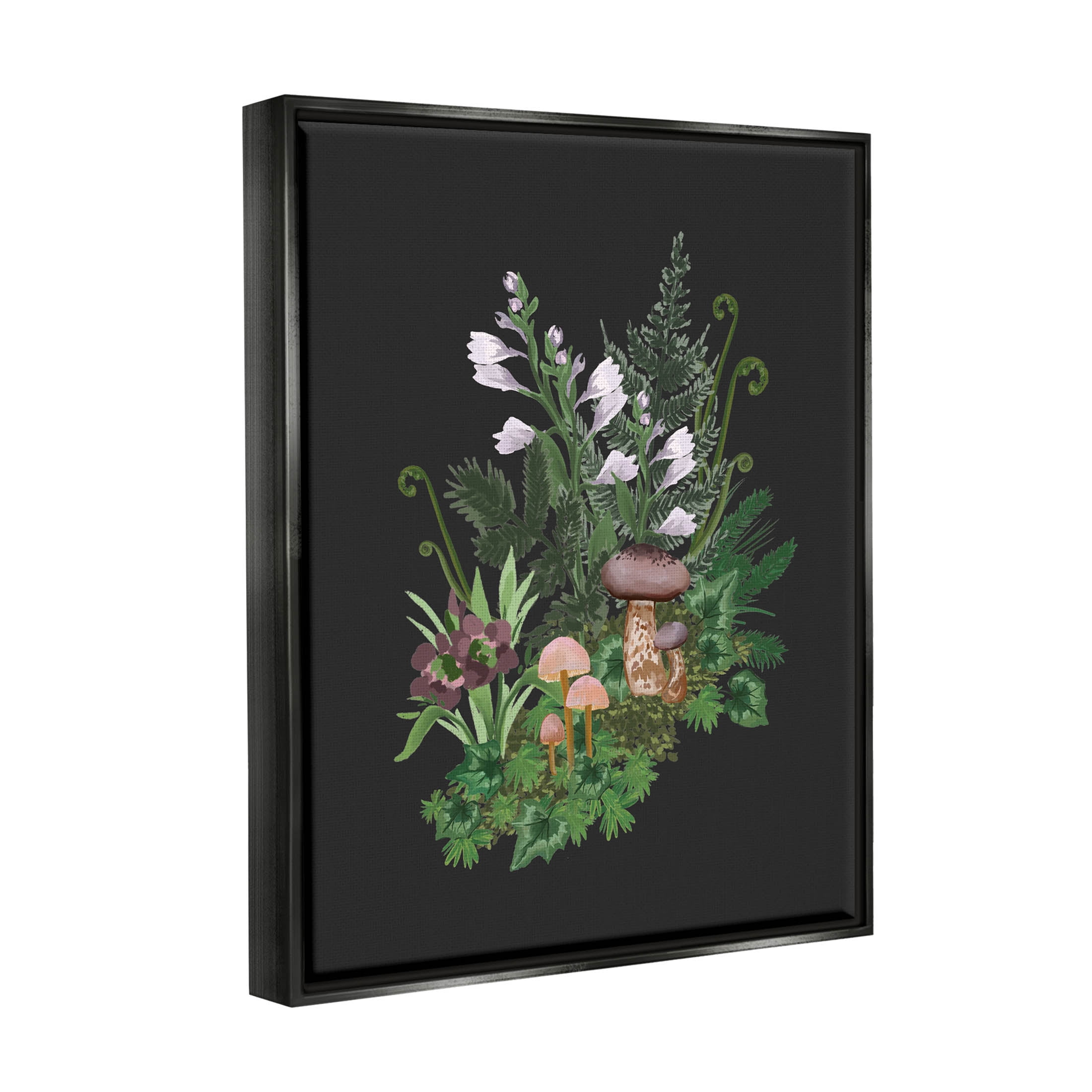 Forest Plants Blooming Mushrooms Botanical & Floral Graphic Art Jet Black Framed Art Print Wall Art