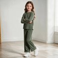 thumbnail image 6 of UKHCCC Girls Ribbed Knit 2 Piece Outfit Set, Long Sleeve Crew Neck Pullover Top and Wide Leg Pants, Casual Lounge Set, 6 of 8