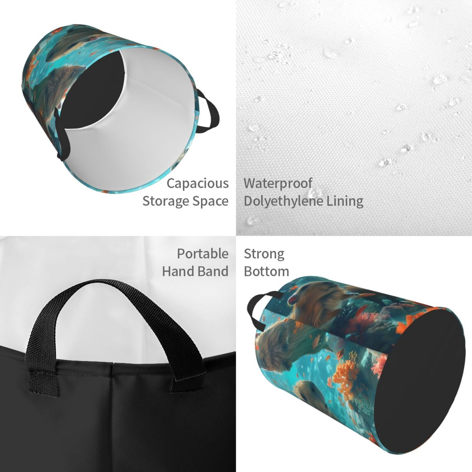 Gukieu Underwater Swimming Guinea Pig Print Round Dirty Clothes Bag, Waterproof Standing Home Bathroom Storage Basket Car Trunk Storage Bag-Small