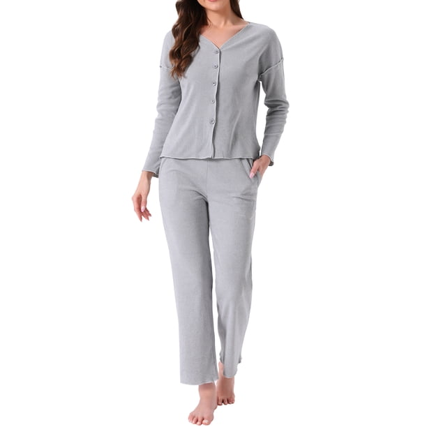 Conjuntos de pijama para mujer, botón, manga larga, cuello en V, ropa de estar en casa, pantalones con cintura elástica, 2 piezas con bolsillos, XS, gris