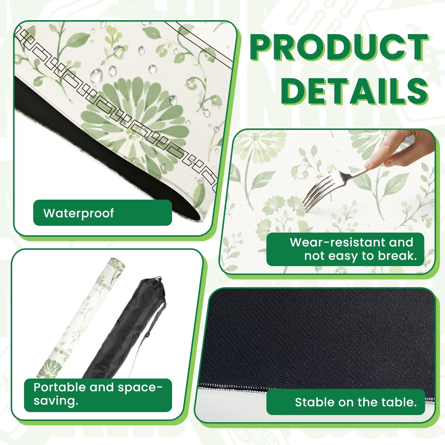 Mahjong Mat 31.5" x 31.5" Seamless Green Floral Botanical Elements Light Non-Slip Noise Reduction American Mahjong Tiles Table Cover for Dominoes Poker Card Board Games Gift