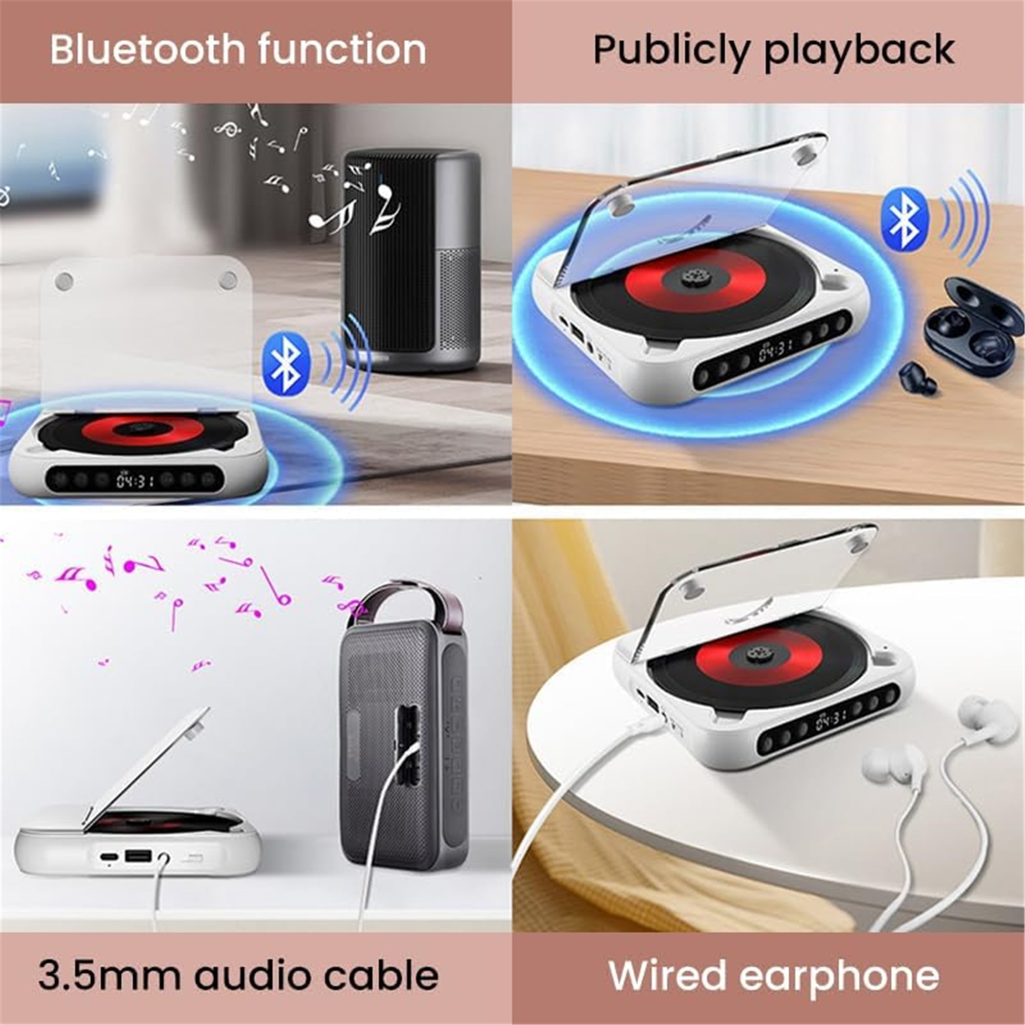 SQDWYGG 2025 Upgraded Portable Bluetooth-Compatible CD Player|Bluetooth 5.3|Hi-Fi Sound|Rechargeable Battery|Supports CD/CD-R/CD-RW/MP3|Compact&Lightweight Music Player for Travel,Home,Car,Pink