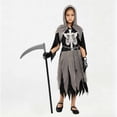 thumbnail image 5 of Krdevn Kids Grim Reaper Cosplay Costume, Skeleton Print Outfit with Gloves and Scythe for Halloween Stage Show,10-12 Years, 5 of 9