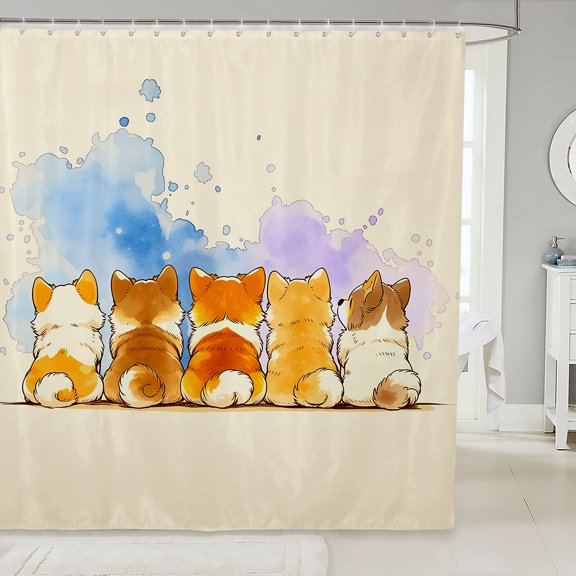 Manfei Watercolor Corgi Shower Curtain 72Wx72L, Splash Ink Bathroom Curtain, Cream Orange