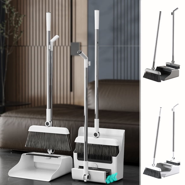 Juego de Escoba y Recogedor 3 En 1 con Mango de Acero Inoxidable | Cepillo de Piso de 83 Cm con Mango Largo para El Hogar | Oficina | Limpieza de Cocina - Blanco/Gris
