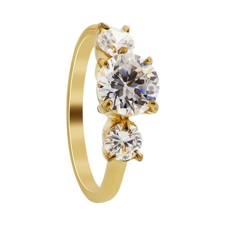 Glass Stone Ring - Gem Avenue Stainless Steel Gold Tone Round Clear Glass Stone Ring