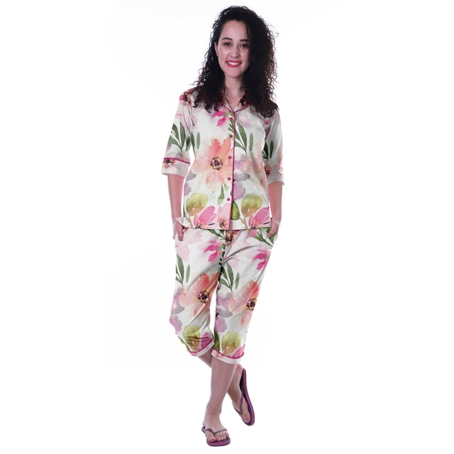 Moomaya Chemise à Manches 3/4 en Coton Imprimé avec Capri Ensemble de Nuit 2 Pcs pour Femmes