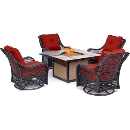 Fire Pit Tables And Chairs Sets Hanover Orleans 5-Piece Woven Fire Pit Chat Set in Autumn Berry with 4 Woven Swivel Gliders and 40,000 BTU Tile-Top Fire Pit Table ()