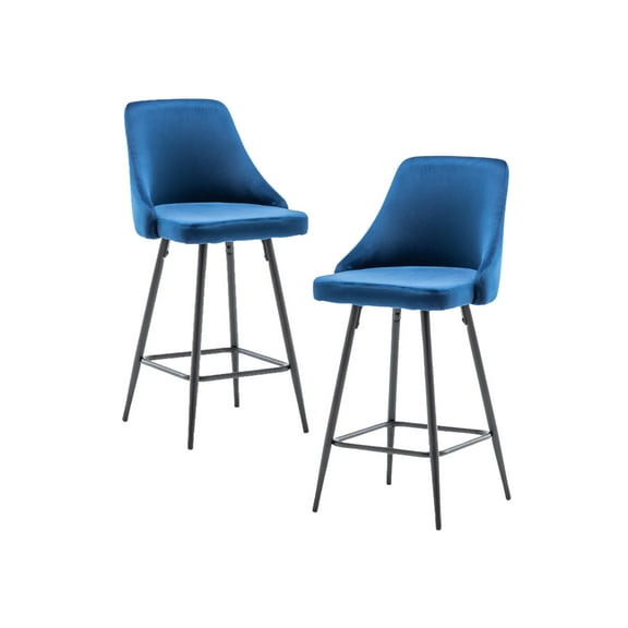 TWO - Chacha Velvet Blue barstools Upholstered Modern Counter height Stool Bar Chairs Set of 2