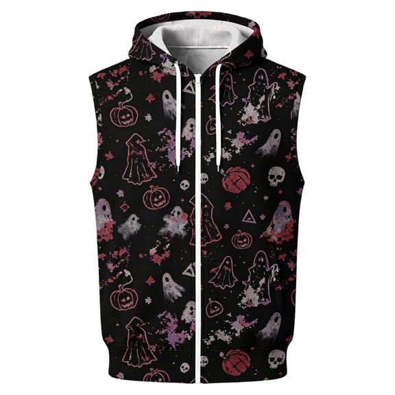 Delconic Mens Halloween Print Sleeveless Hoodie Zip Up Vest Casual Athletic Retro American Style Lightweight Fleece Outerwear Black L